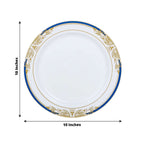 10-Pack Plastic 10" Round Dinner Plates in White with Royal Blue Rim - Stylish Gold Vine Design Disposable Party Plates for Special Occasions & Celebrations