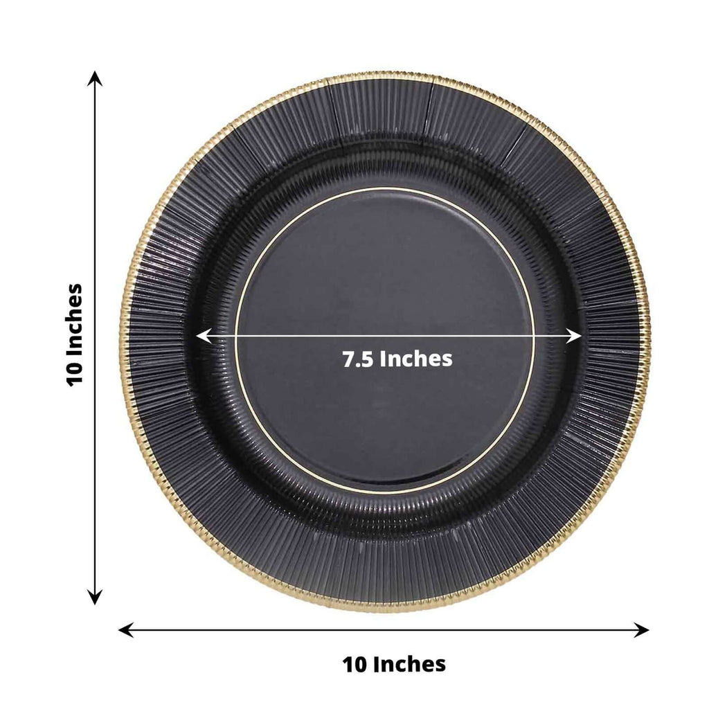 25-Pack Paper 10" Round Dinner Plates in Black Sunray Design with Gold Rim - Disposable Heavy Duty 350GSM Party Plates for Banquets & Celebrations
