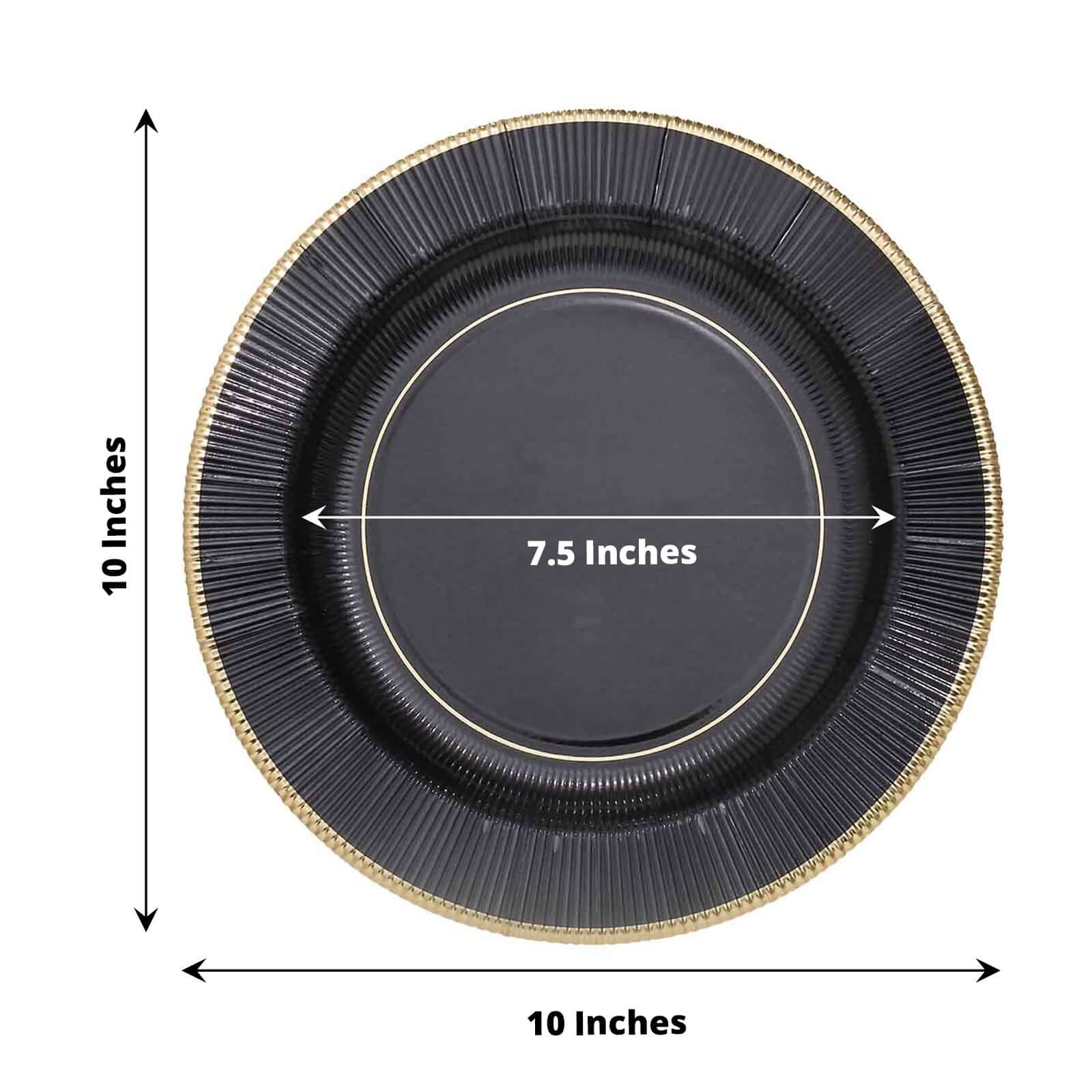 25-Pack Paper 10" Round Dinner Plates in Black Sunray Design with Gold Rim - Disposable Heavy Duty 350GSM Party Plates for Banquets & Celebrations
