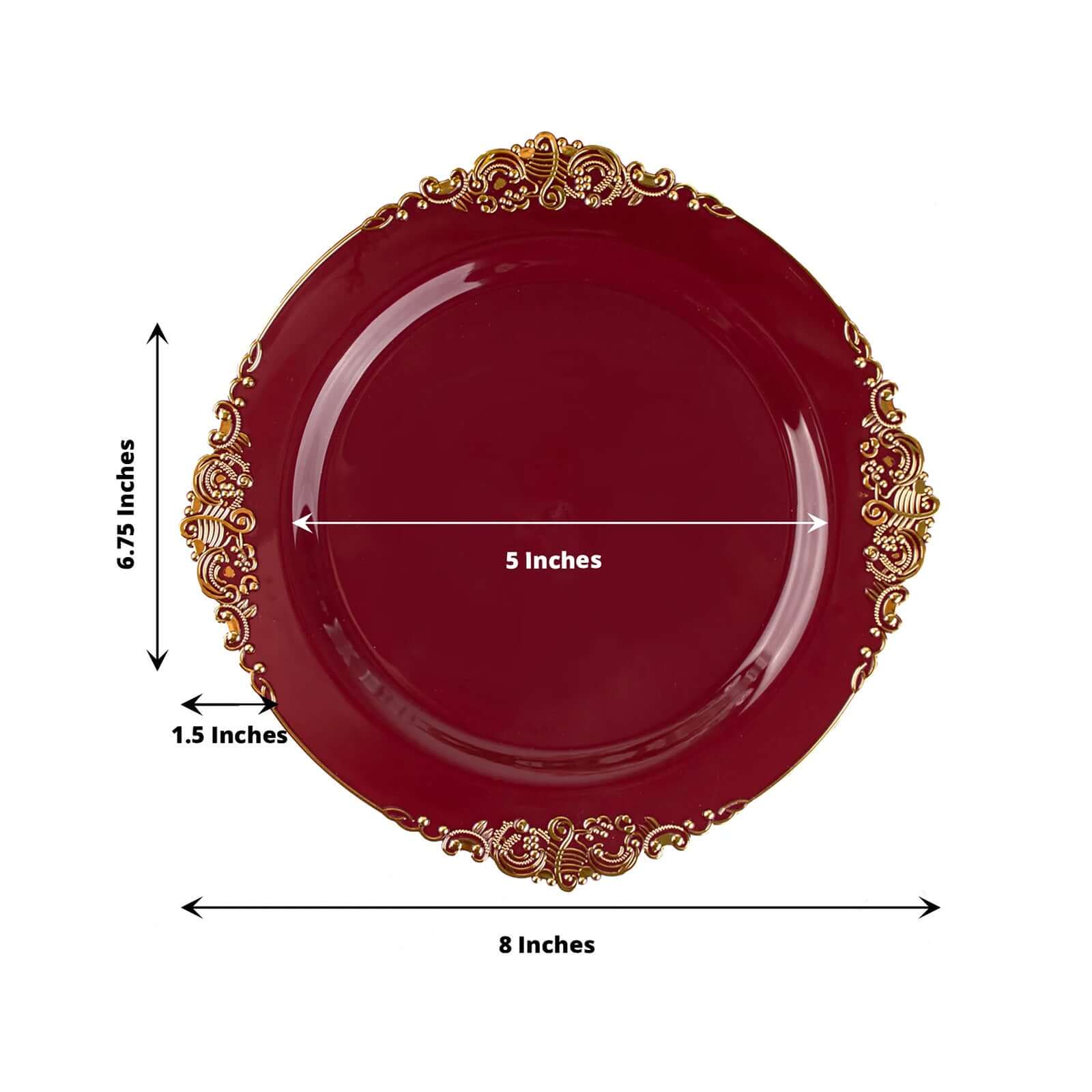 10-Pack Plastic 8" Round Dessert Plates in Burgundy with Gold Leaf Embossed Rim for Gatherings & Events