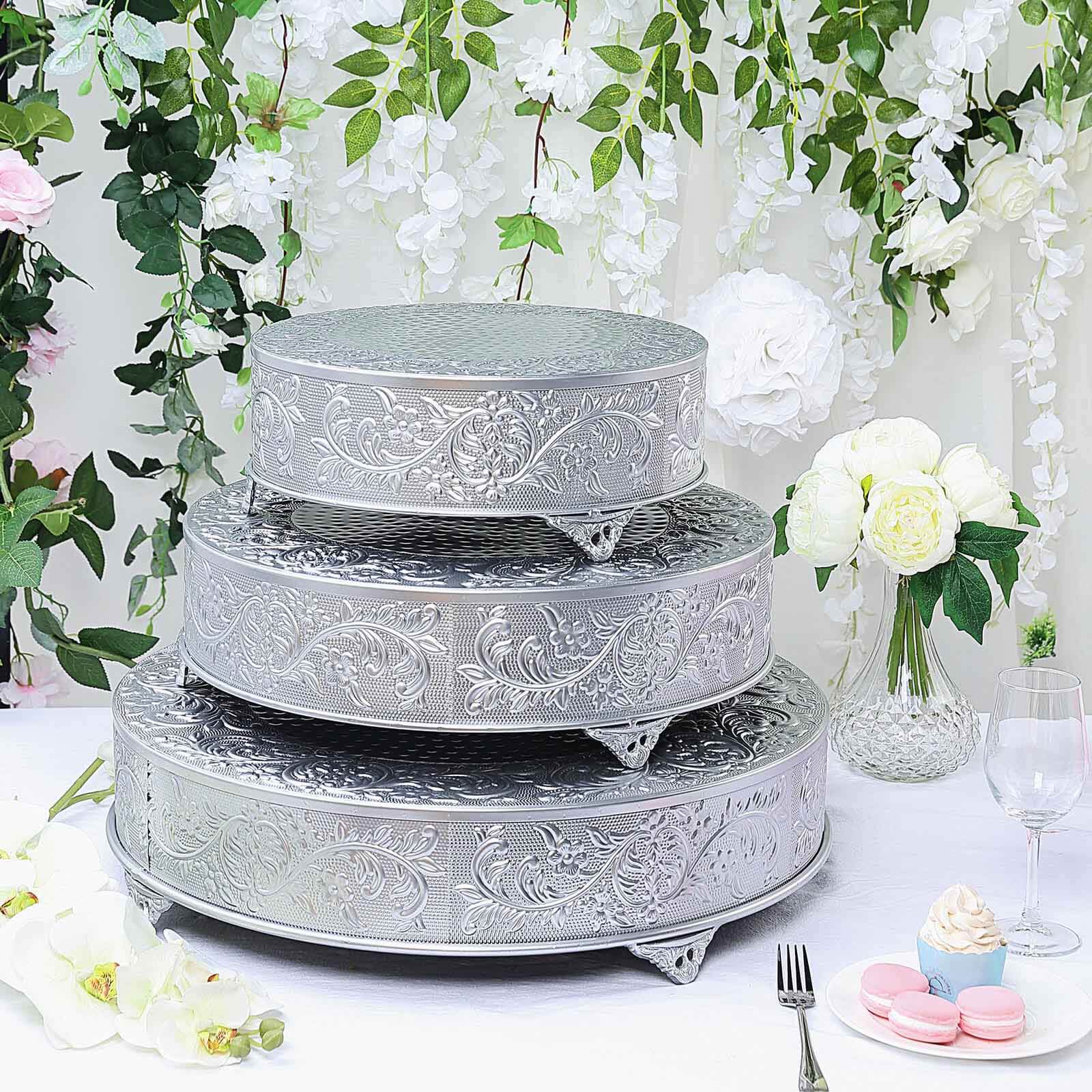 Metal 18" Round Cake Pedestal Stand Matte Silver - Cupcake Dessert Display Riser with Intricate Embossed Design for Upscale Events & Gatherings