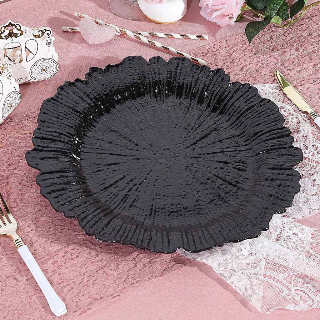 6-Pack Acrylic Plastic Round Charger Plates 13" in Black with Reef Design, Dinner Charger Tableware