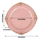10-Pack Plastic 10" Round Dinner Plates in Dusty Rose with Gold Leaf Embossed Rim - Disposable Vintage Baroque Style Plates