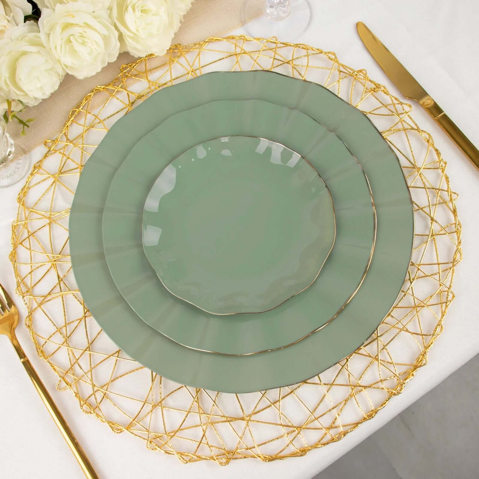 10-Pack Plastic 11" Round Dinner Plates in Dusty Sage Green Ruffled Rim with Gold Edging - Sturdy Disposable Dinnerware