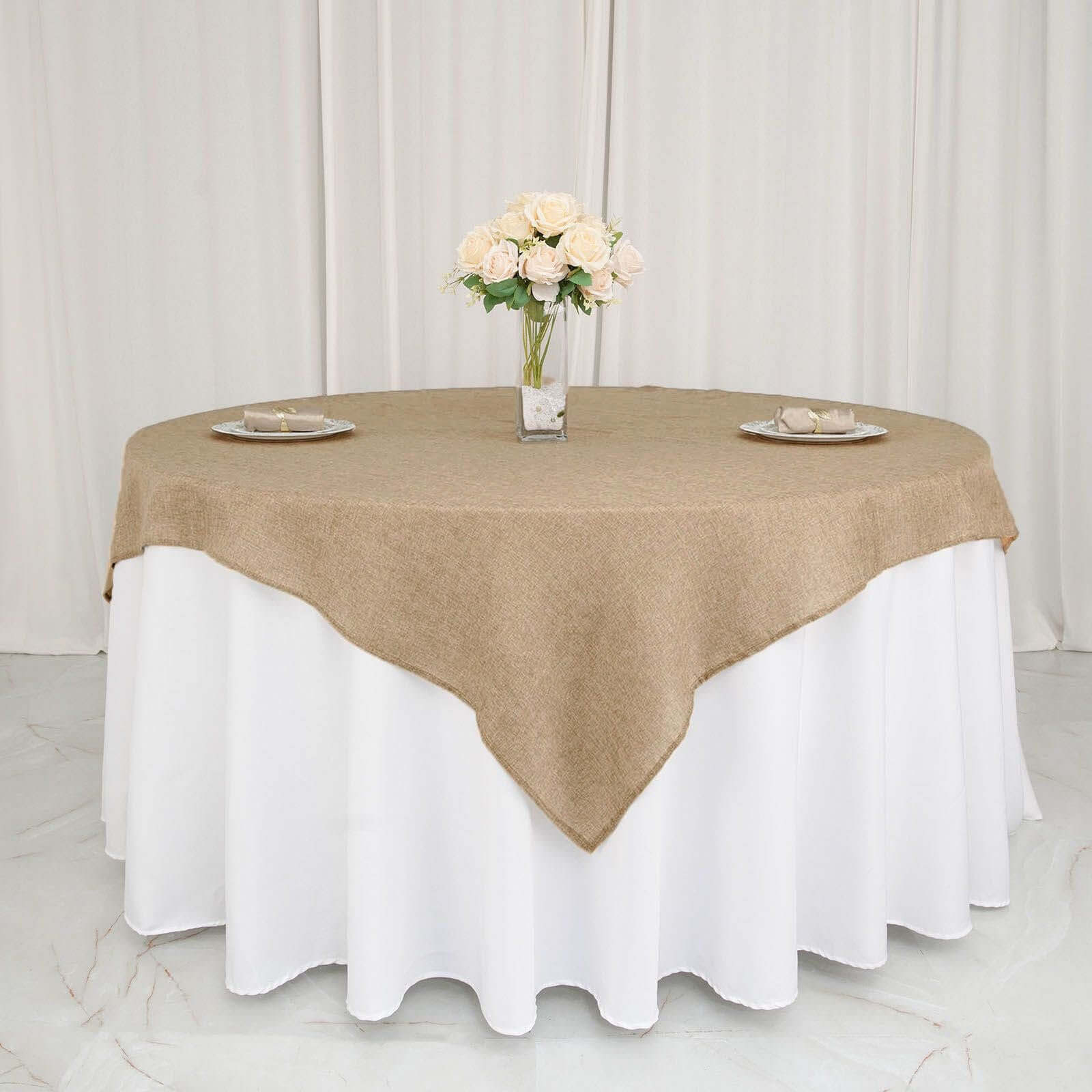 Burlap 72"x72" Faux Jute Table Overlay Square Tablecloth Natural - Boho Chic Design for Vintage Celebrations