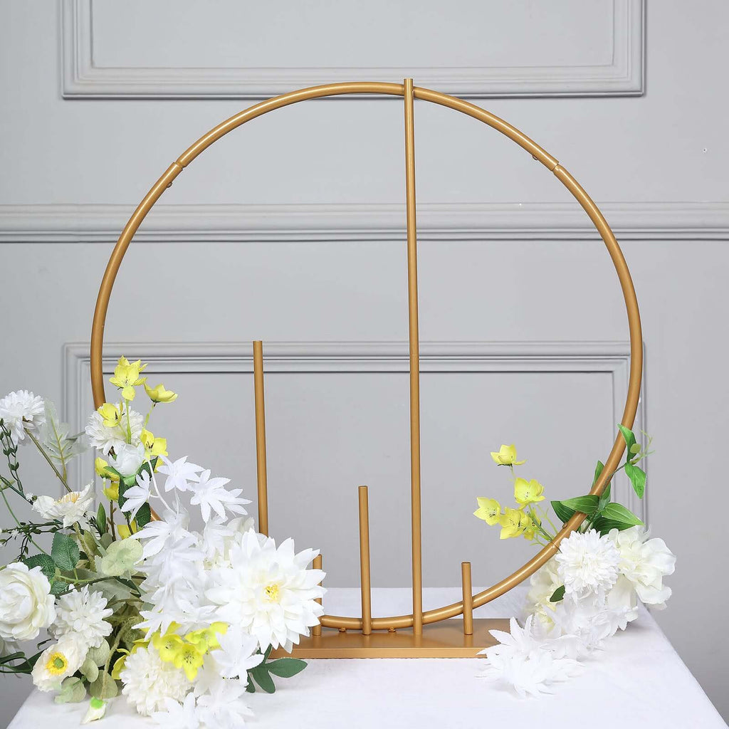 Round Floral Hoop Wedding Centerpiece Metal with Pillars Gold - Self - Standing Balloon Arch for Events 24" - Bell Racket Store