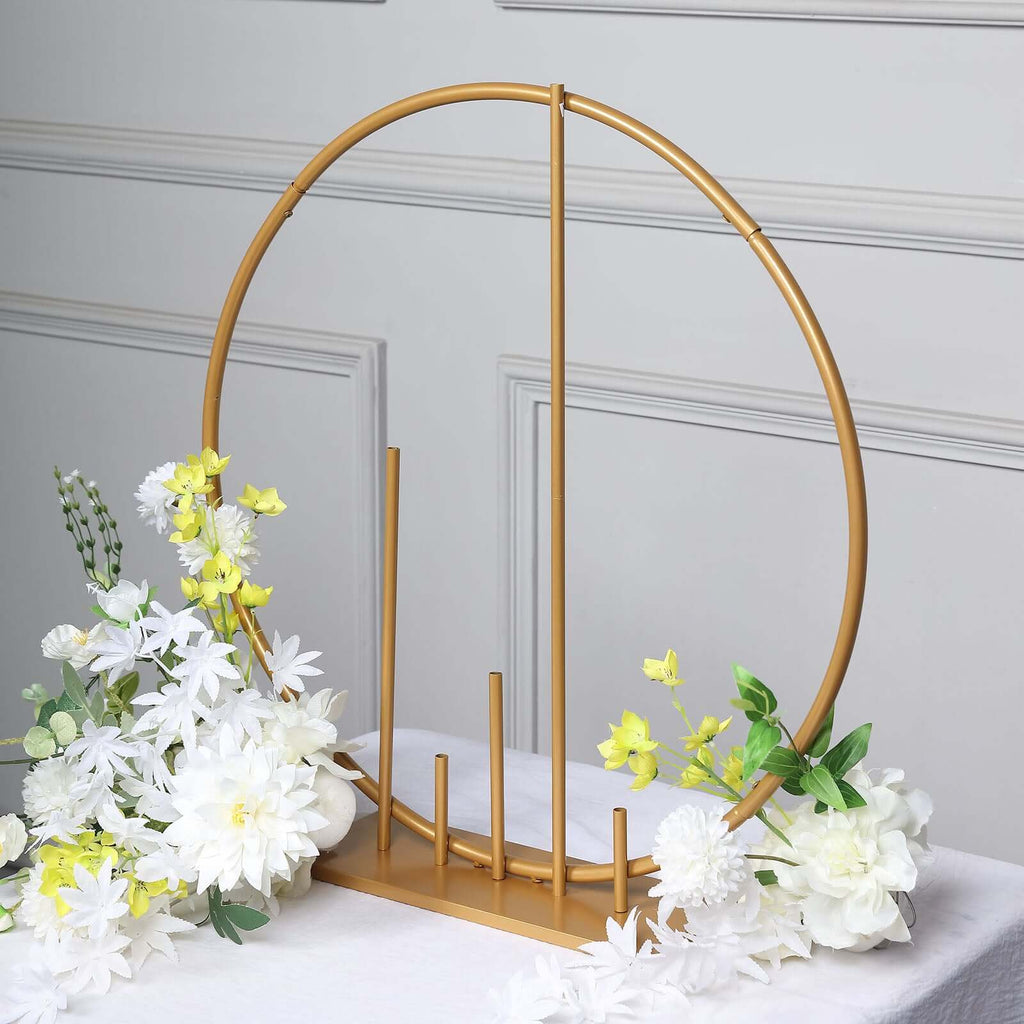 Round Floral Hoop Wedding Centerpiece Metal with Pillars Gold - Self - Standing Balloon Arch for Events 24" - Bell Racket Store