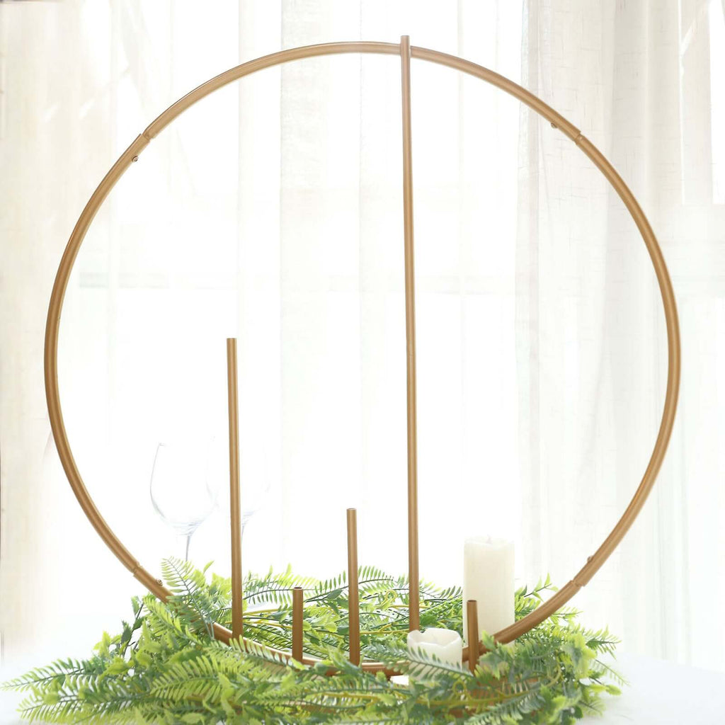 Round Floral Hoop Wedding Centerpiece Metal with Pillars Gold - Self - Standing Balloon Arch for Events 24" - Bell Racket Store