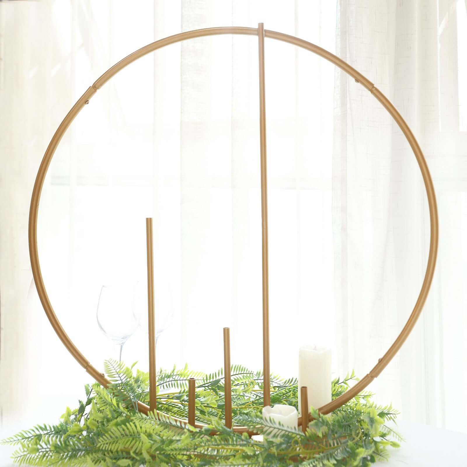 Round Floral Hoop Wedding Centerpiece Metal with Pillars Gold - Self - Standing Balloon Arch for Events 24" - Bell Racket Store