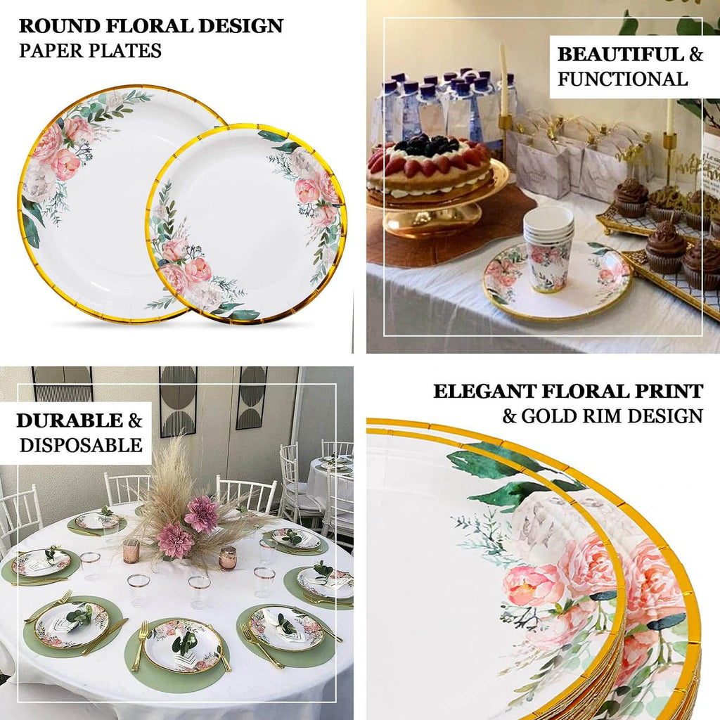 25-Pack Paper 9" Round Dinner Plates White with Peony Floral Design & Gold Rim - Disposable Floral Party Plates for Brunches & Afternoon Teas