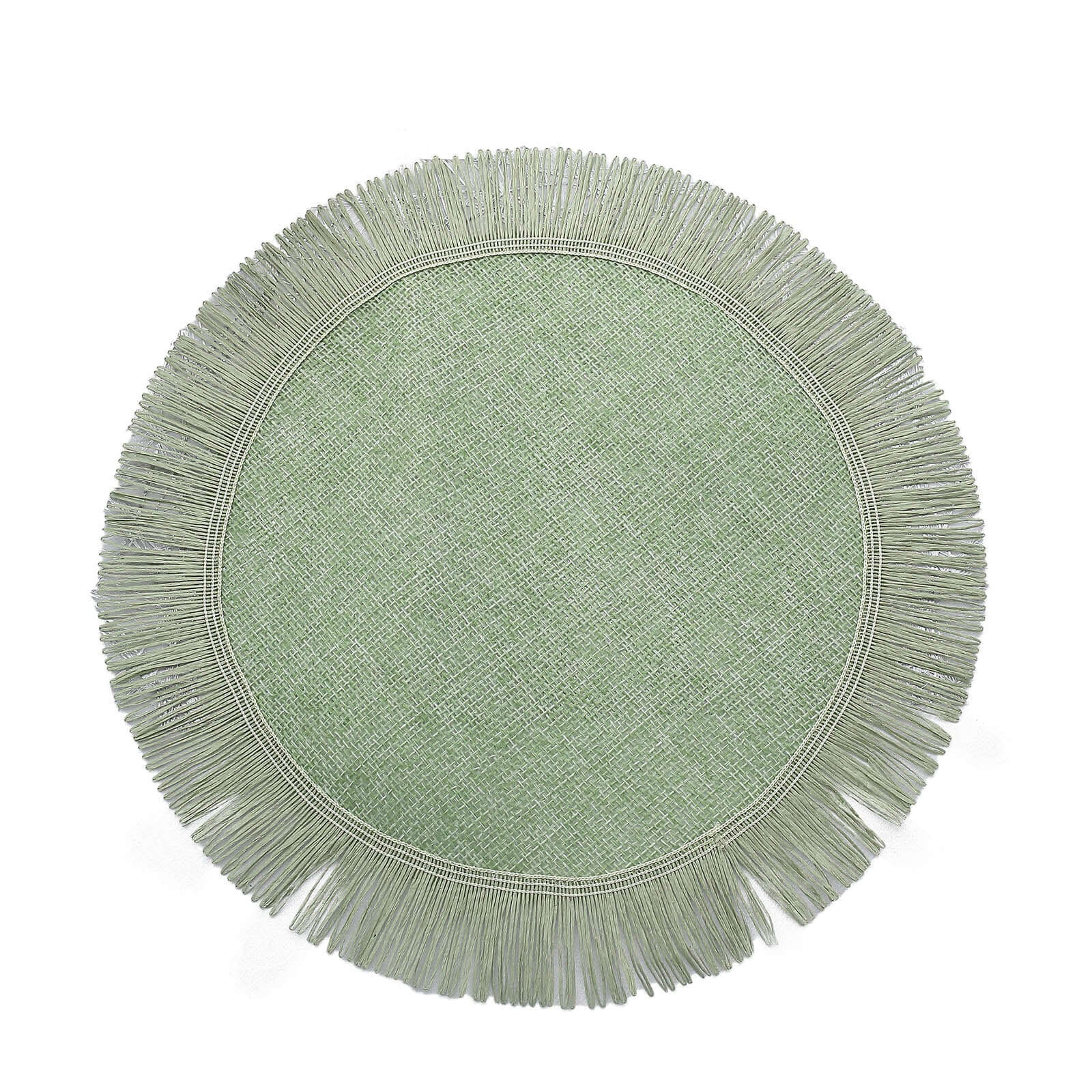 4-Pack Placemats Fringe Edge Design Sage Green Jute Round - Rustic Boho Chic Burlap Table Decor 16"