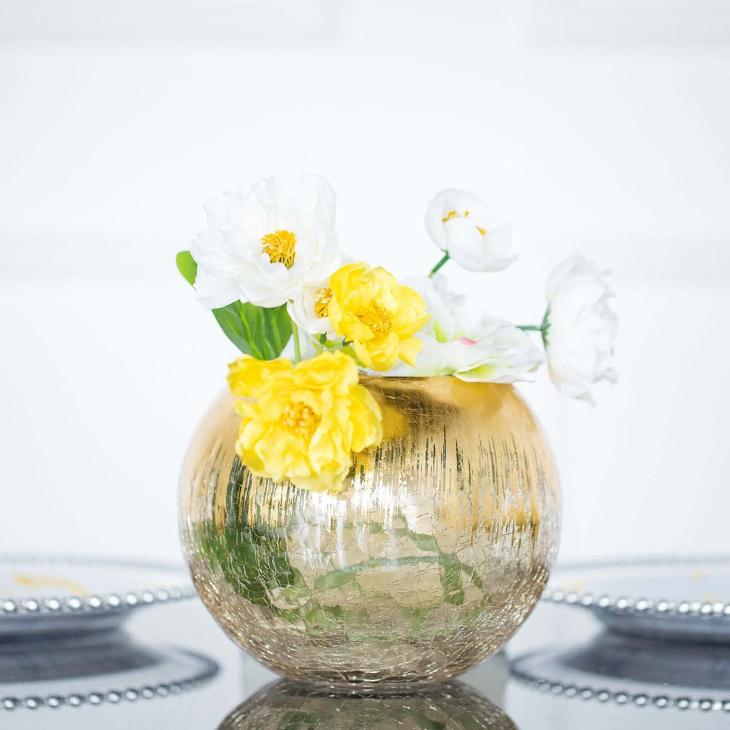 Glass Flower Vase Gold Foiled Crackle Bubble - Decorative Floral Centerpiece for Tables 6"