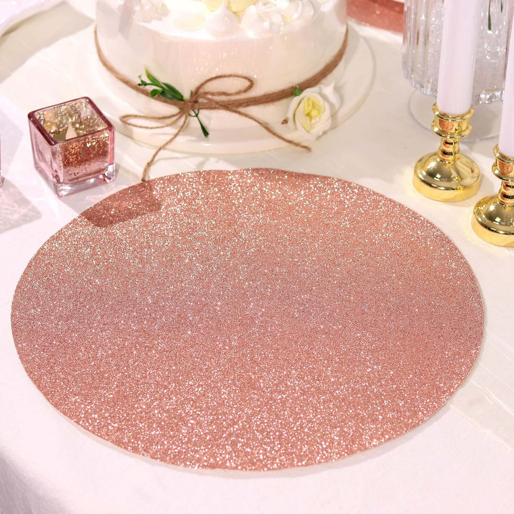 6-Pack Placemats Glitter Design Rose Gold Sparkle Round - Non-Slip Decorative Dining Table Mats 13"