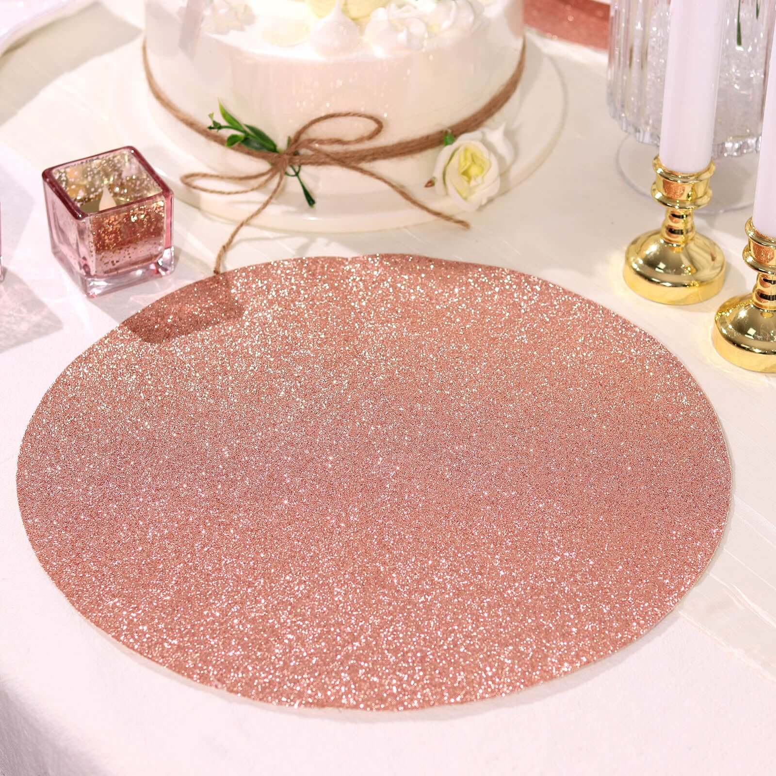 6-Pack Placemats Glitter Design Rose Gold Sparkle Round - Non-Slip Decorative Dining Table Mats 13"