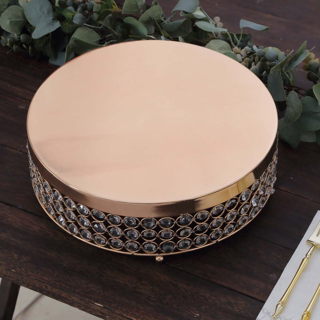 Metal Cake Stand Pedestal Crystal Beaded Design Gold - Cupcake Display and Dessert Riser 14"