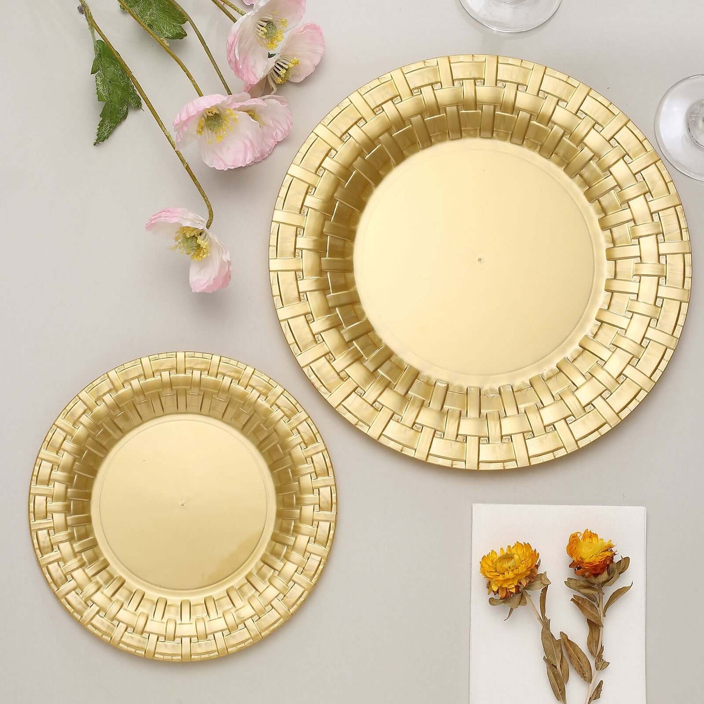 10 Pack 7" Gold Basketweave Rim Plastic Salad Dessert Plates, Round Disposable Appetizer Plates