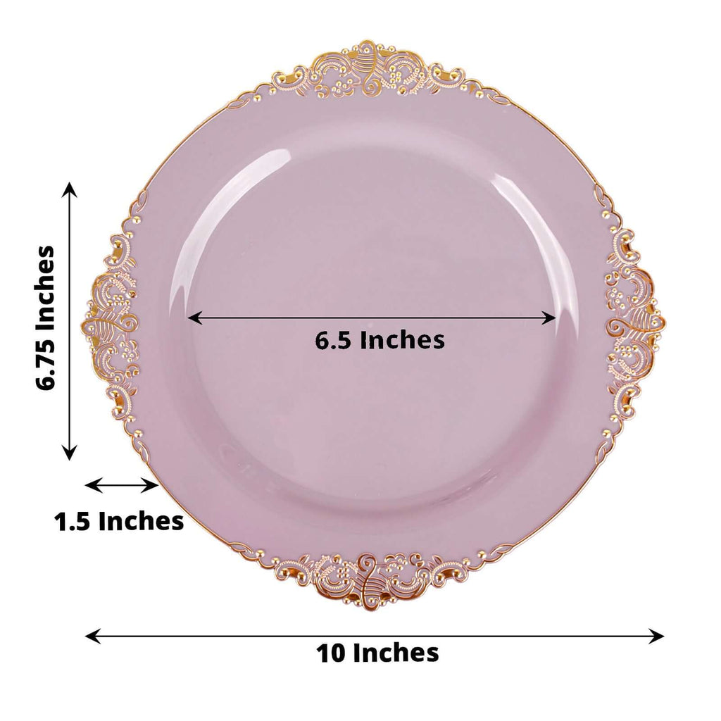 10-Pack Plastic 10" Round Dinner Plates in Lavender Lilac with Gold Leaf Embossed Rim - Disposable Vintage Baroque Style Plates