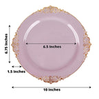 10-Pack Plastic 10" Round Dinner Plates in Lavender Lilac with Gold Leaf Embossed Rim - Disposable Vintage Baroque Style Plates