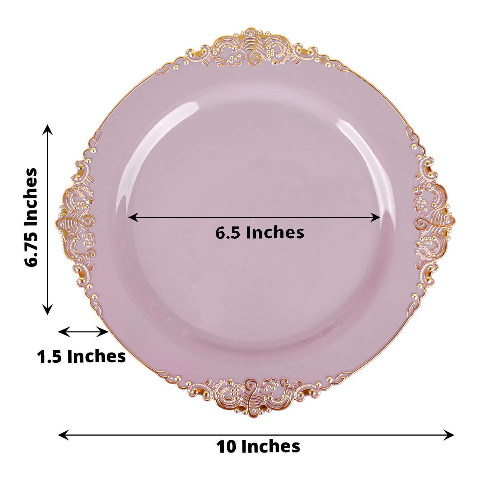 10-Pack Plastic 10" Round Dinner Plates in Lavender Lilac with Gold Leaf Embossed Rim - Disposable Vintage Baroque Style Plates