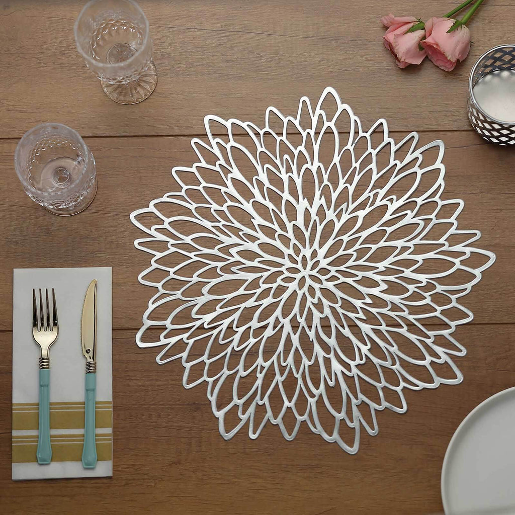 6-Pack Dining Table Mats Floral Design Silver - Metallic Vinyl Round Non-Slip Mats for Tables 15"