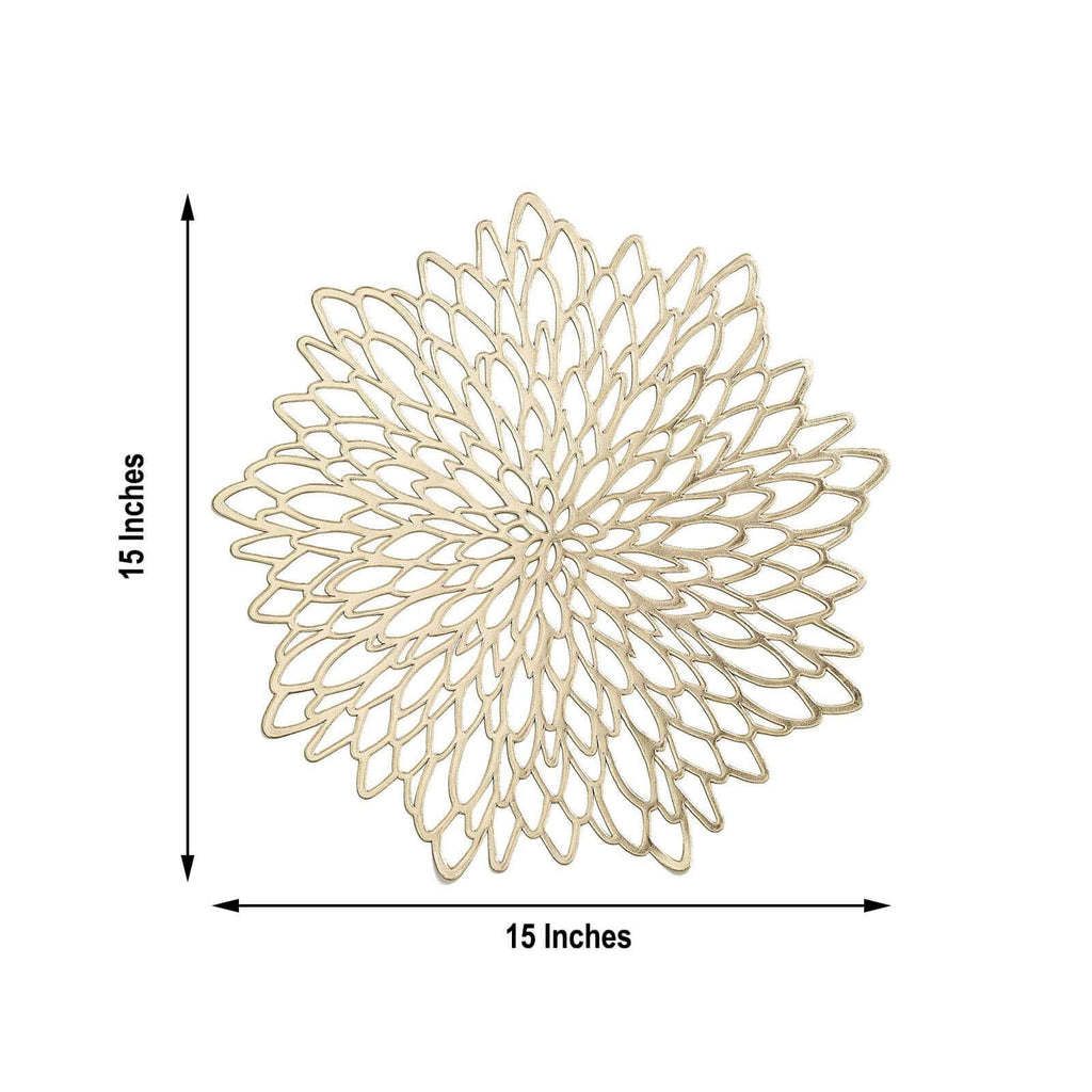 6-Pack Dining Table Mats Floral Design Gold - Metallic Vinyl Round Non-Slip Mats for Tables 15"