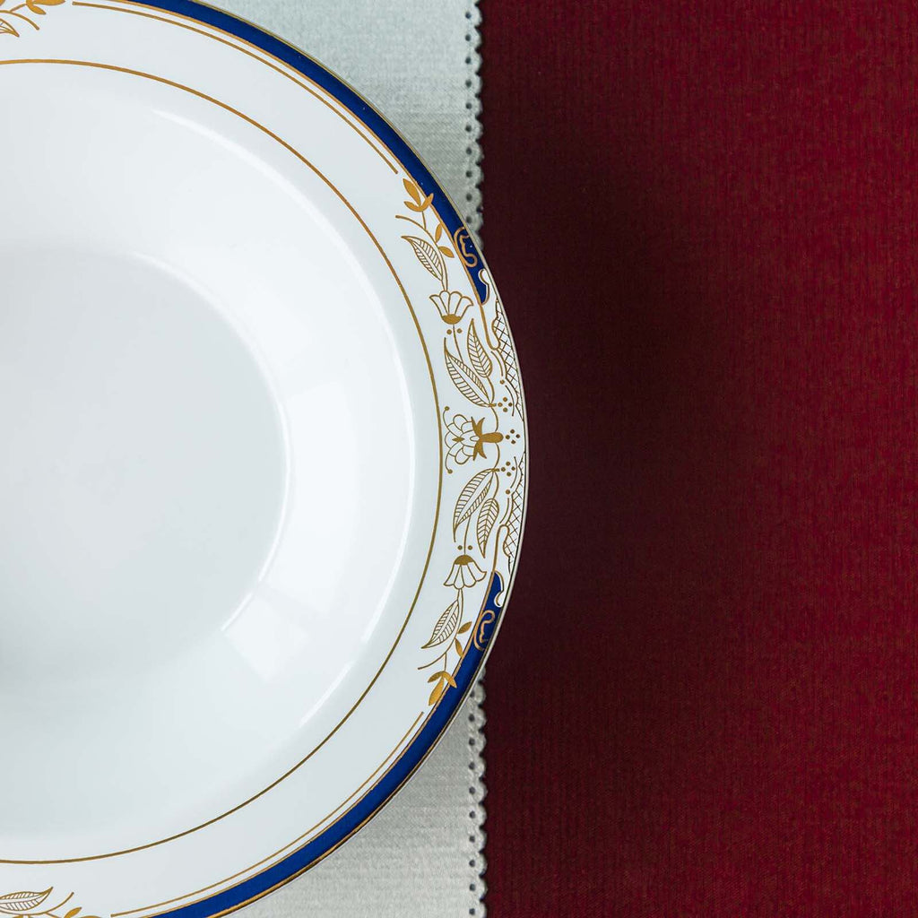 10-Pack Plastic Round Soup Bowl in White with Gold Vine & Royal Blue Rim - Sturdy Disposable Salad Dessert Bowls for Catering & Events 12oz