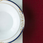 10-Pack Plastic Round Soup Bowl in White with Gold Vine & Royal Blue Rim - Sturdy Disposable Salad Dessert Bowls for Catering & Events 12oz