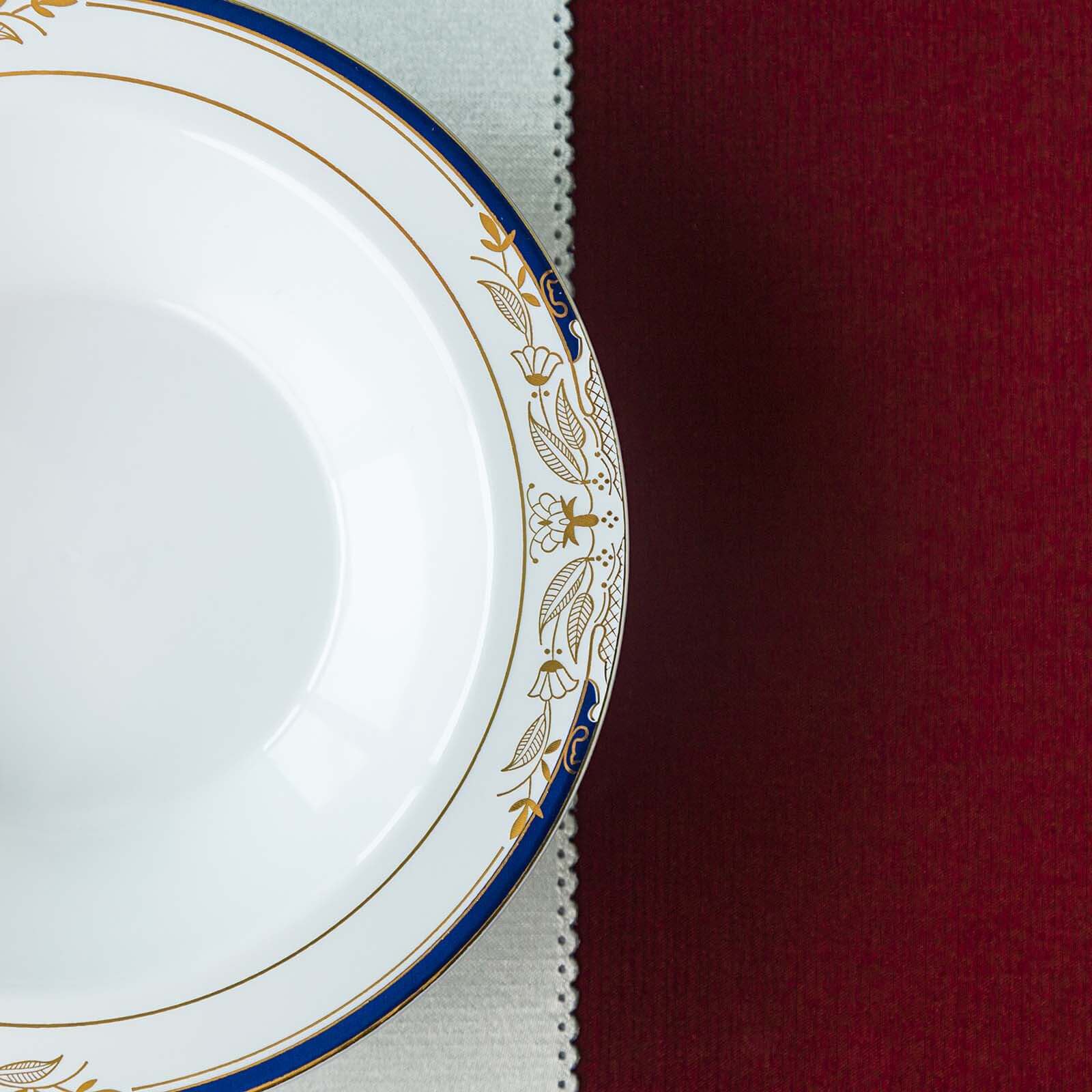 10-Pack Plastic Round Soup Bowl in White with Gold Vine & Royal Blue Rim - Sturdy Disposable Salad Dessert Bowls for Catering & Events 12oz