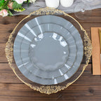 10-Pack Plastic 11" Round Dinner Plates in Dusty Blue Ruffled Rim with Gold Edging - Sturdy Disposable Dinnerware