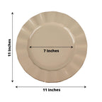 10-Pack Plastic 11" Round Dinner Plates in Taupe Ruffled Rim with Gold Edging - Sturdy Disposable Dinnerware