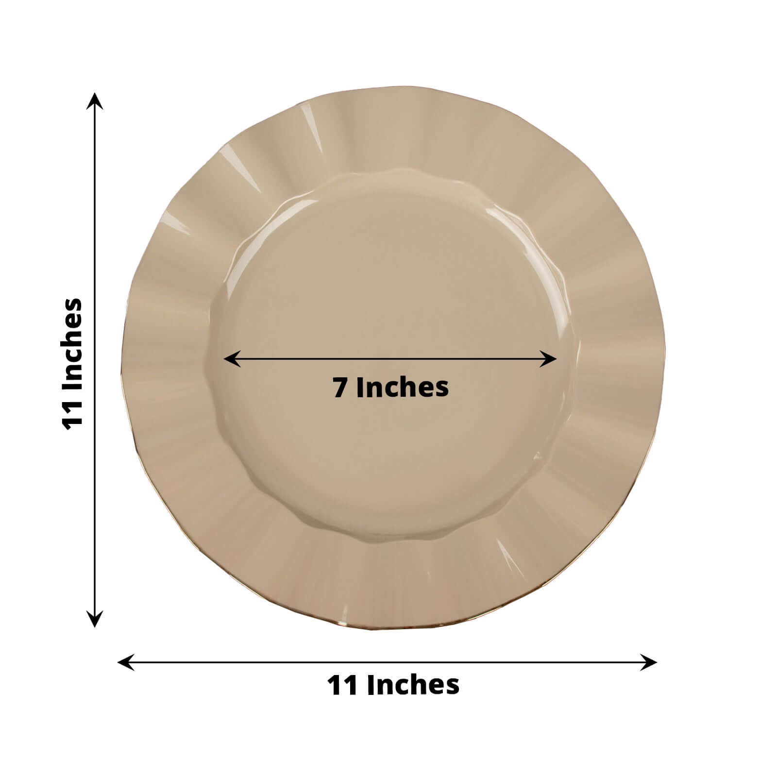 10-Pack Plastic 11" Round Dinner Plates in Taupe Ruffled Rim with Gold Edging - Sturdy Disposable Dinnerware