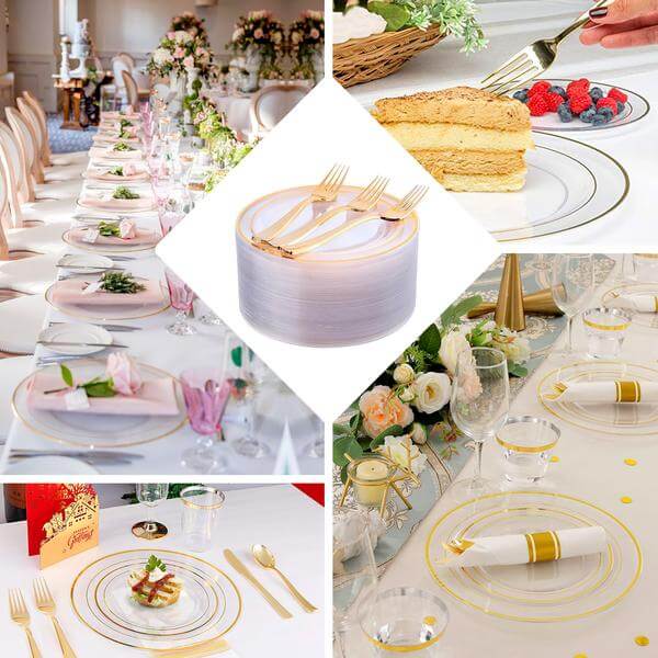 10-Pack Plastic Dinner Plates Clear with TrÃ¨s Chic Gold Rim - Perfect Disposable Party Plates 10"