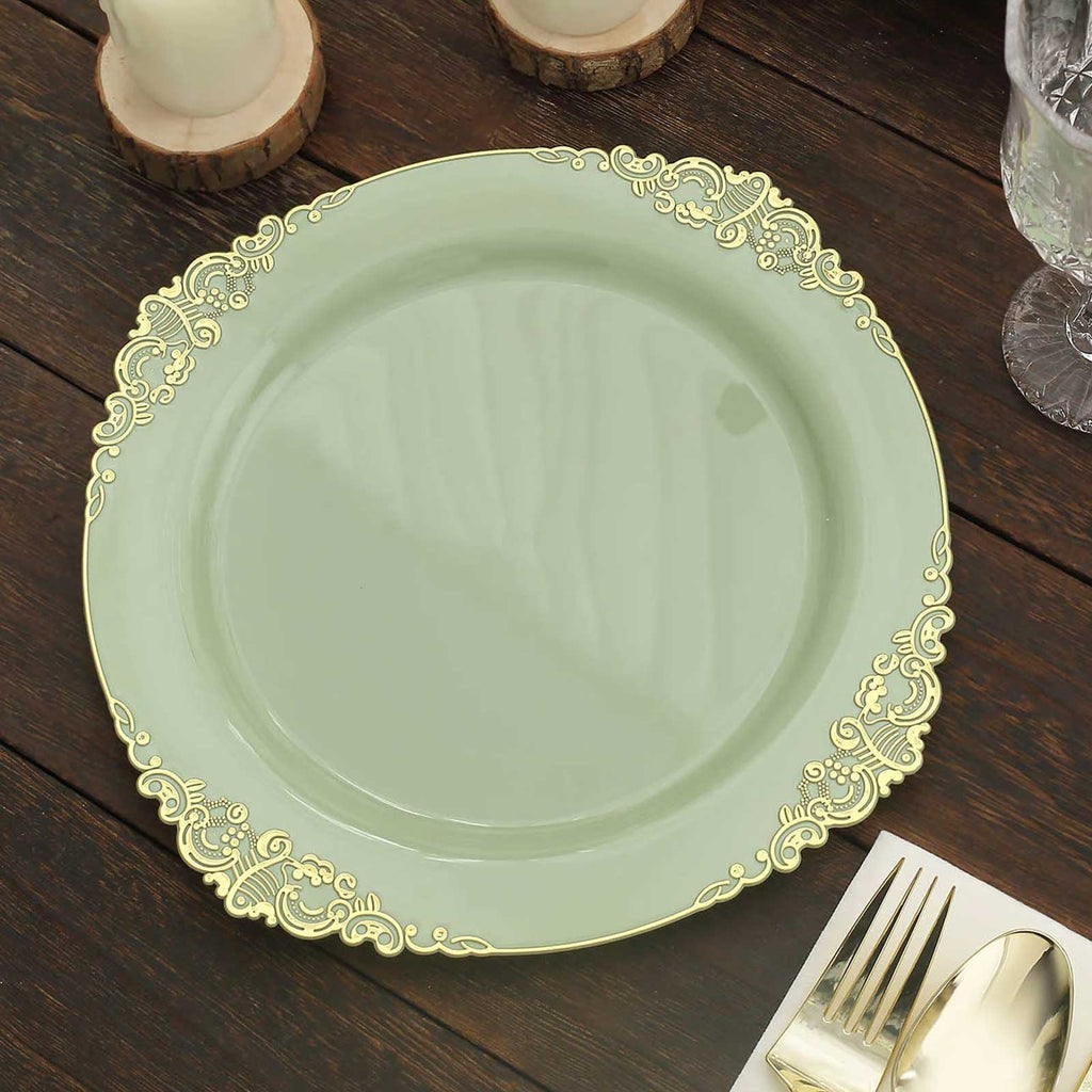 10-Pack Plastic 10" Round Dinner Plates in Sage Green with Gold Leaf Embossed Rim - Disposable Vintage Baroque Style Plates