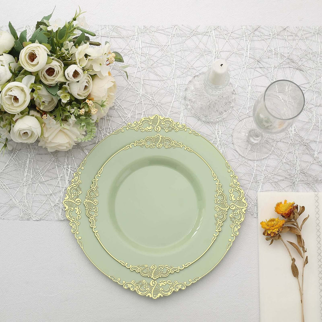 10-Pack Plastic 8" Round Dessert Plates in Sage Green with Gold Leaf Embossed Rim - Disposable Vintage Baroque Style Salad Plates