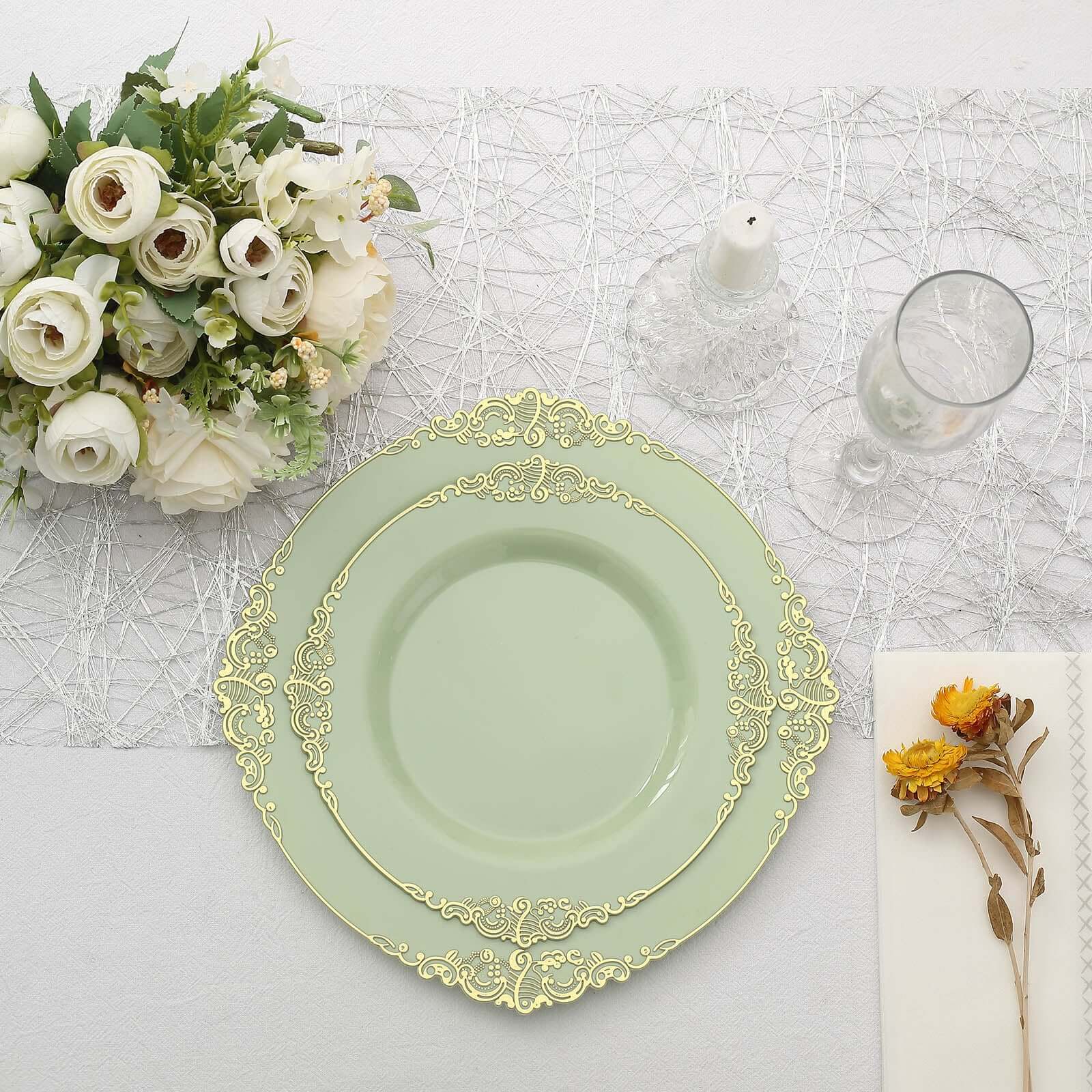 10-Pack Plastic 8" Round Dessert Plates in Sage Green with Gold Leaf Embossed Rim - Disposable Vintage Baroque Style Salad Plates