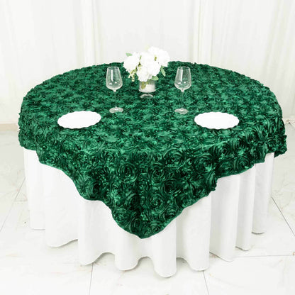 Satin 72"x72" Table Overlay Square Tablecloth Hunter Emerald Green - 3D Rosette Table Cover