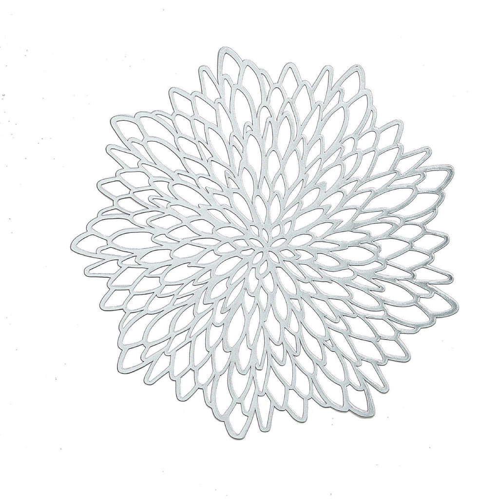 6-Pack Dining Table Mats Floral Design Silver - Metallic Vinyl Round Non-Slip Mats for Tables 15"