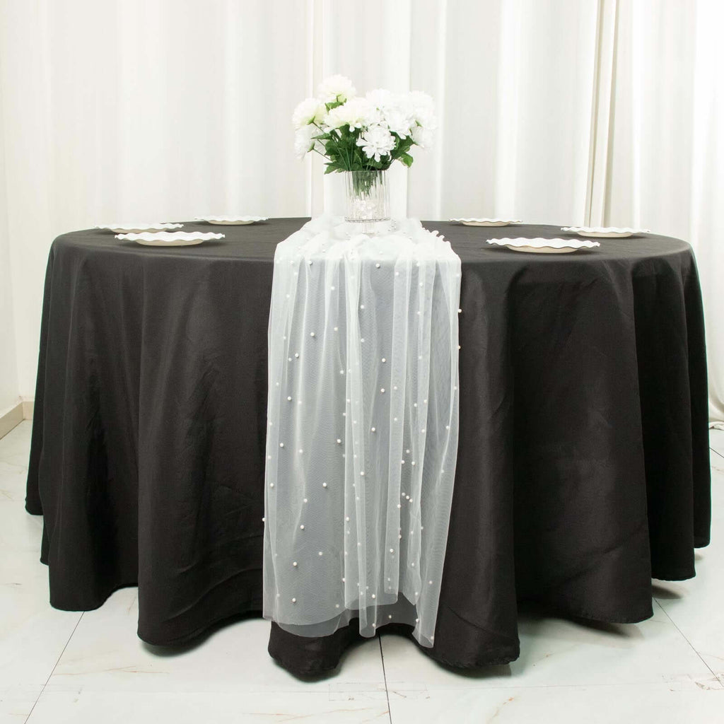 Sheer Tulle 48"x120" Table Runner White Pearl Embellished - Stylish Wedding & Event Table Linen