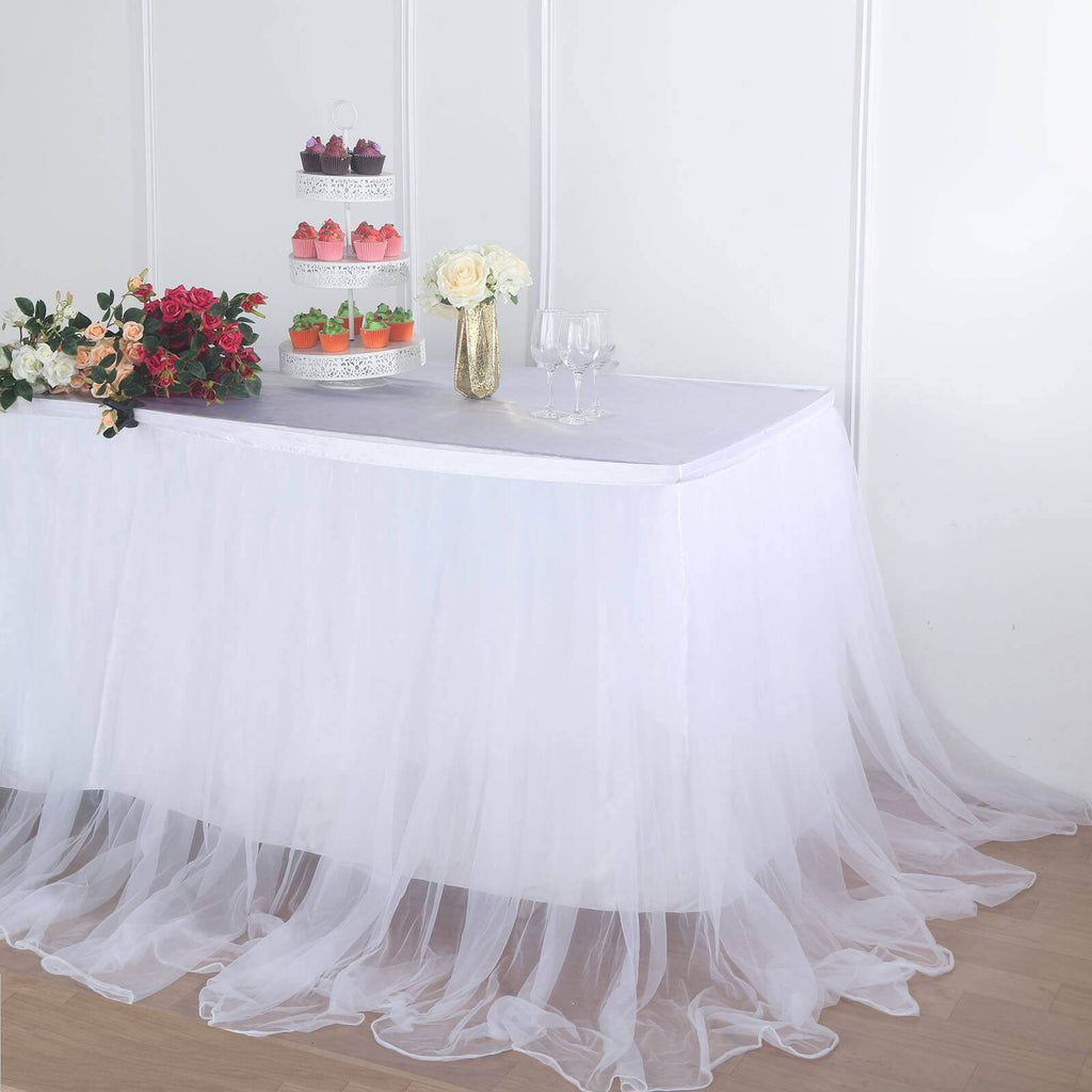 Extra Long Tulle 21ft Table Skirt White with Satin Edge - Table Cover for Baby Showers & Events