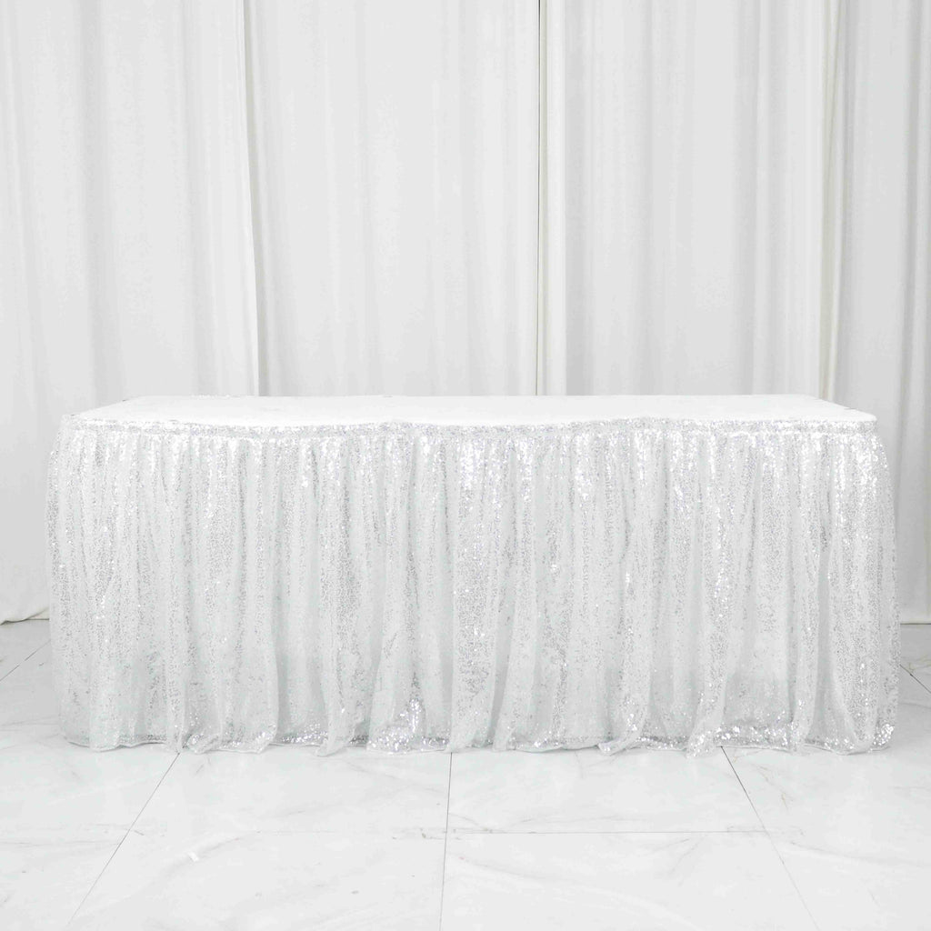 Sequin 17ft Table Skirt Silver - Pleated Satin With Top Velcro Strip