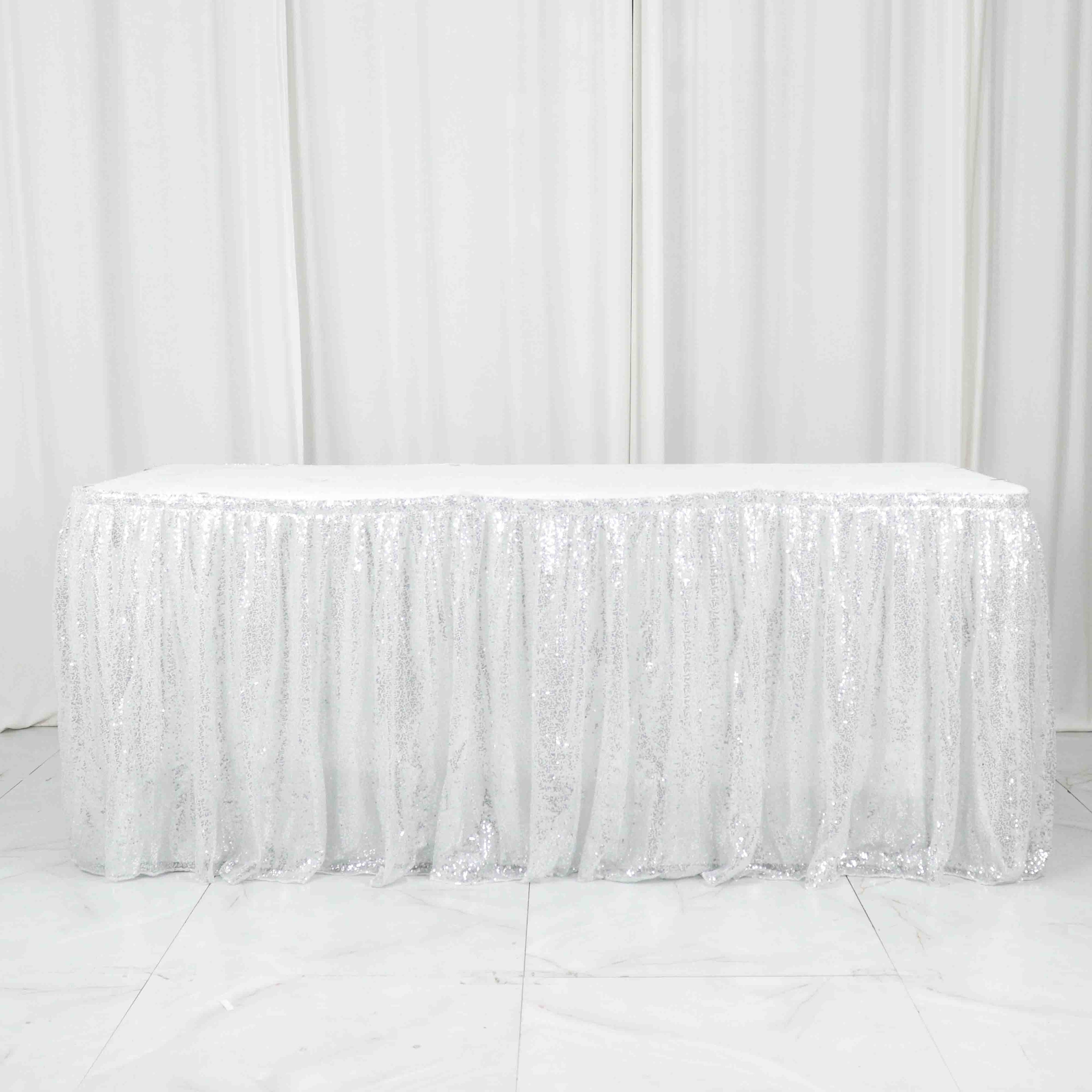 Sequin 17ft Table Skirt Silver - Pleated Satin With Top Velcro Strip