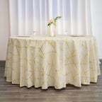 Polyester 120" Round Tablecloth Beige with Gold Foil Geometric Pattern Wrinkle-Resistant Seamless Table Cover