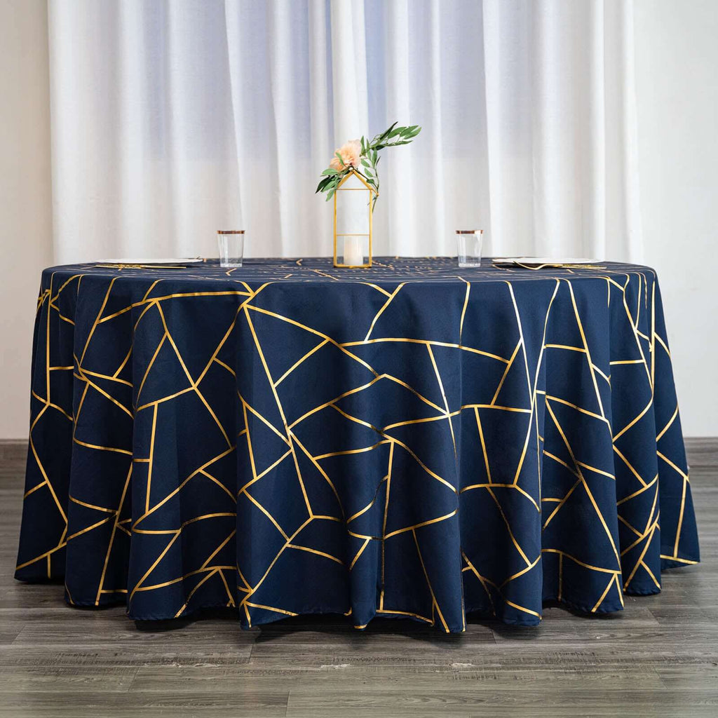 Polyester 120" Round Tablecloth Navy Blue with Gold Foil Geometric Pattern Wrinkle-Resistant Seamless Table Cover