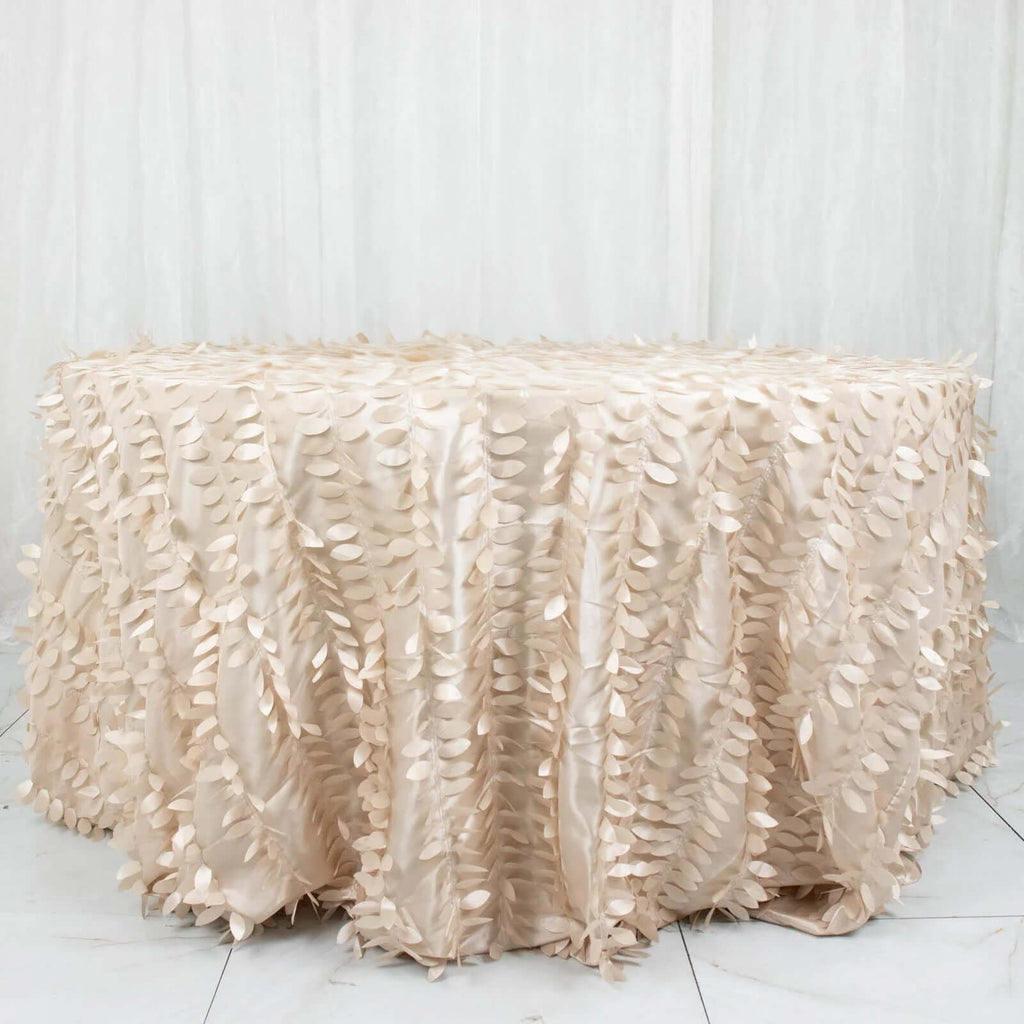 Taffeta 132" Round Tablecloth Beige | 3D Leaf Petal Design Seamless Table Cover