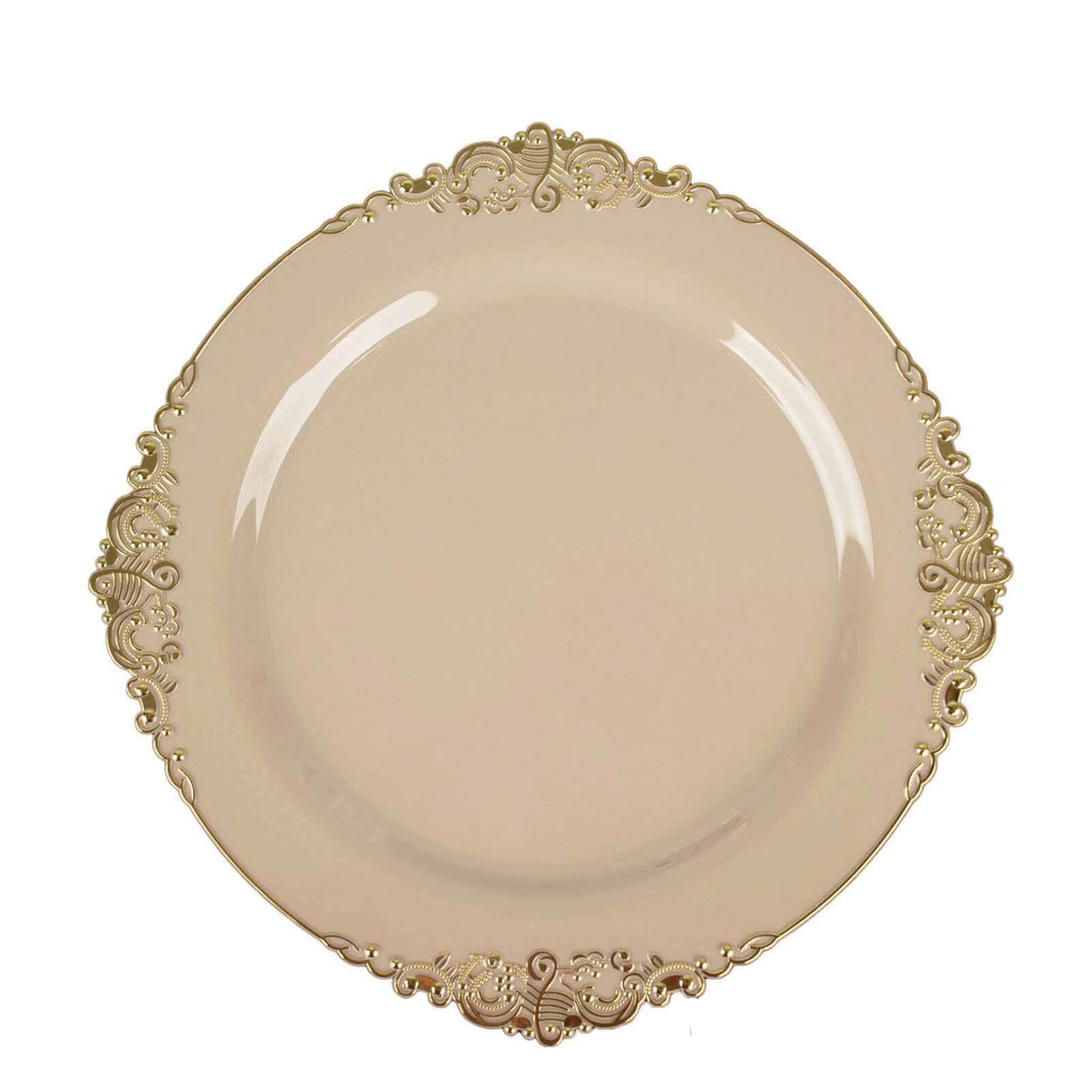 10-Pack Plastic 10" Round Dinner Plates in Taupe with Gold Leaf Embossed Rim - Disposable Vintage Baroque Style Plates
