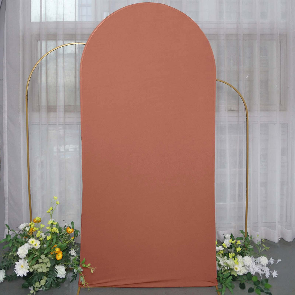 7ft Matte Terracotta (Rust) Spandex Fitted Chiara Backdrop Stand Cover For Round Top Wedding Arch