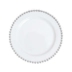 10-Pack Plastic 10" Round Dinner Plates in White with Silver Beaded Rim - Disposable Party Plates for Banquets & Festive Occasions