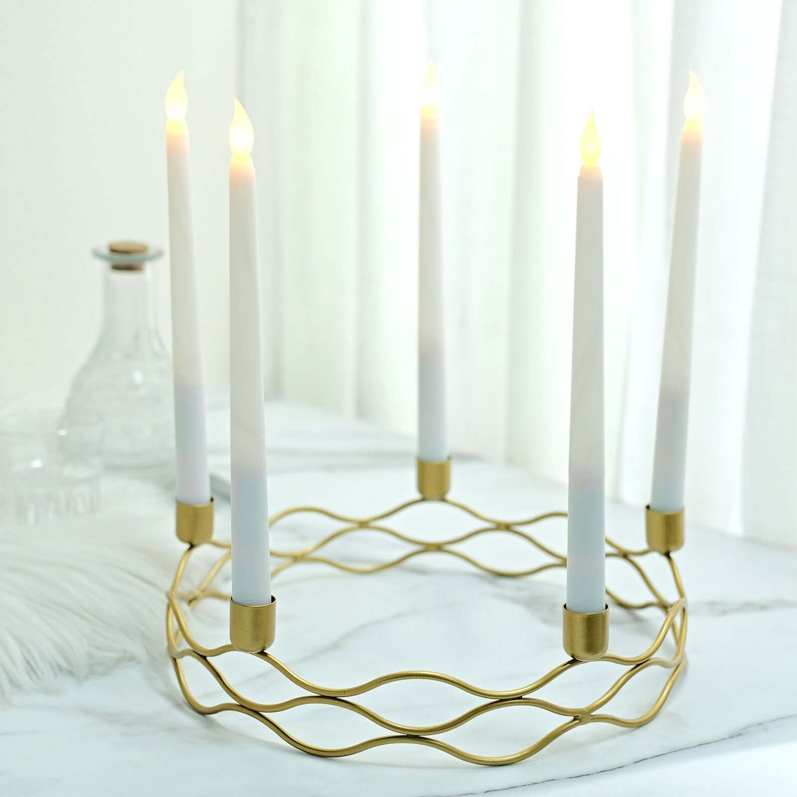Round Wreath Taper Candelabra 5 Arm Gold Metal Decorative Centerpiece - Tabletop Candle Holder 12" - Bell Racket Store