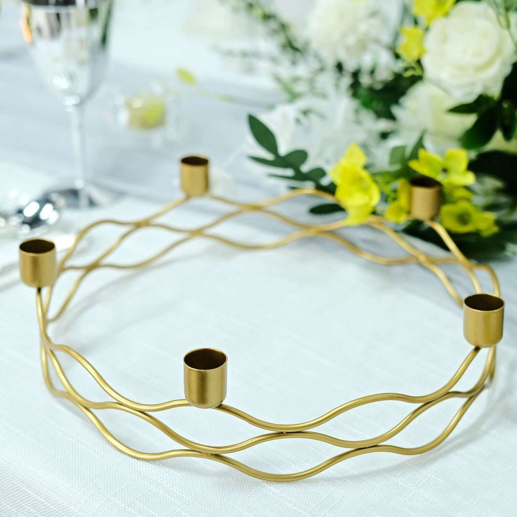 Round Wreath Taper Candelabra 5 Arm Gold Metal Decorative Centerpiece - Tabletop Candle Holder 12" - Bell Racket Store