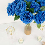 2 Bushes 17" Royal Blue Premium Silk Jumbo Rose Flower Bouquet, High Quality Artificial Wedding Floral Arrangements